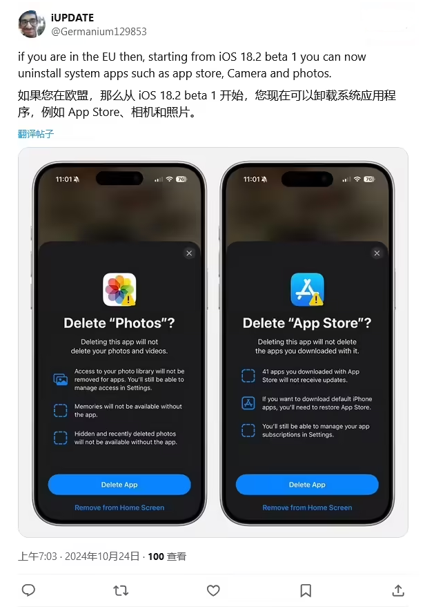 龙子湖苹果手机维修分享iOS 18.2 支持删除 App Store 应用商店 