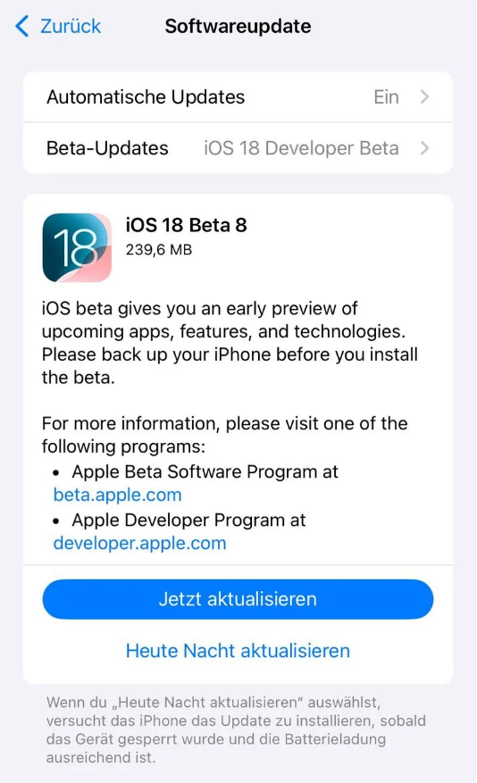 龙子湖苹果手机维修分享苹果 iOS / iPadOS 18 开发者预览版 Beta 8 发布 